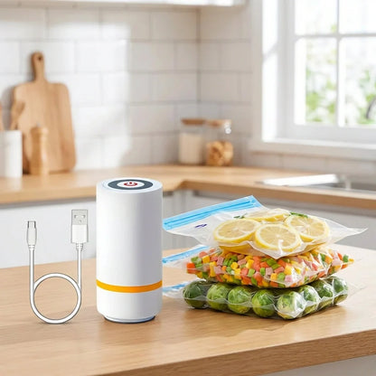 USB rechargeable vacuum sealer with control button, plus sealed produce bags
