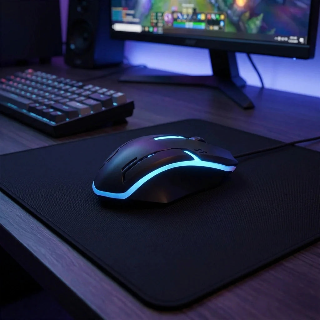 Wired optical mouse with blue LED light on dark shell
