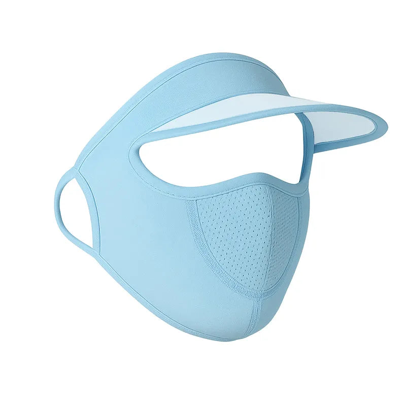 Light blue UV protection cap with built-in face mask and ventilation panel