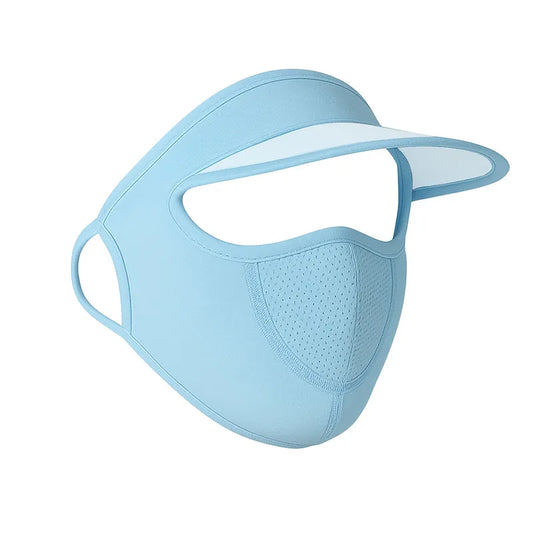 Light blue UV protection cap with built-in face mask and ventilation panel