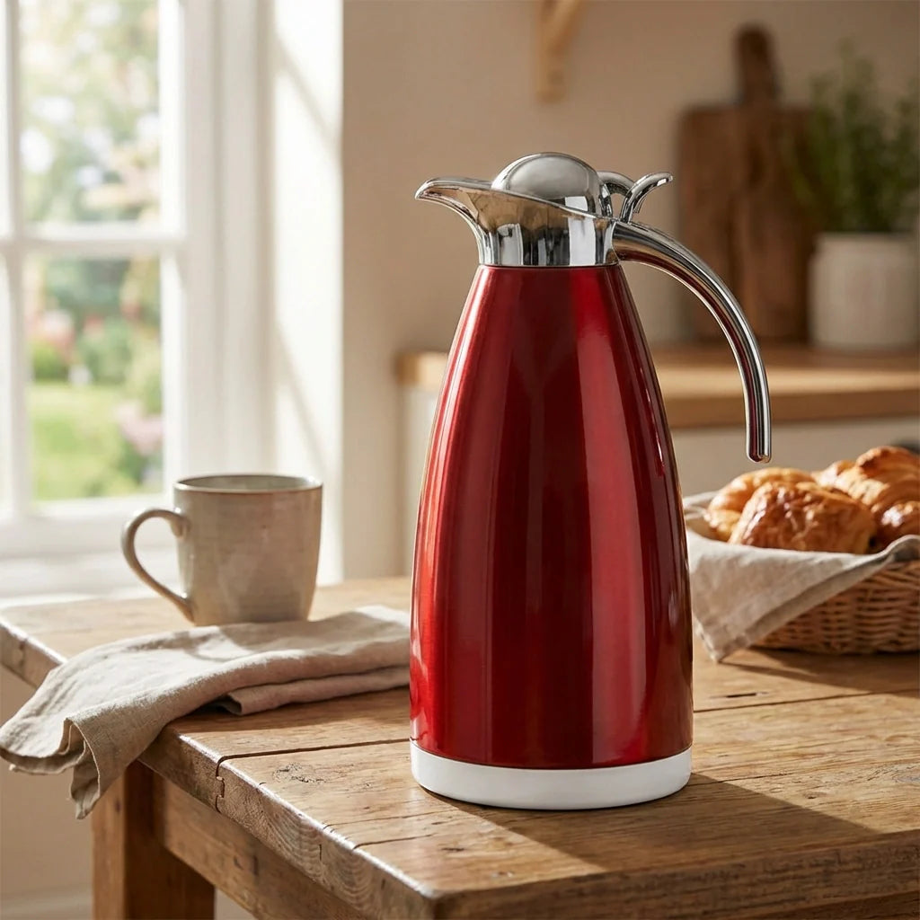 Vacuum insulated kettle jug with red body and stainless steel lid and handle