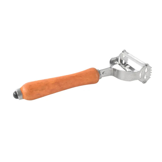 Wooden handle peeler with orange handle and stainless steel blade