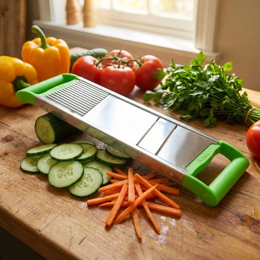 2-in-1 vegetable slicer with green handles, metal grater plate, slicing cucumbers