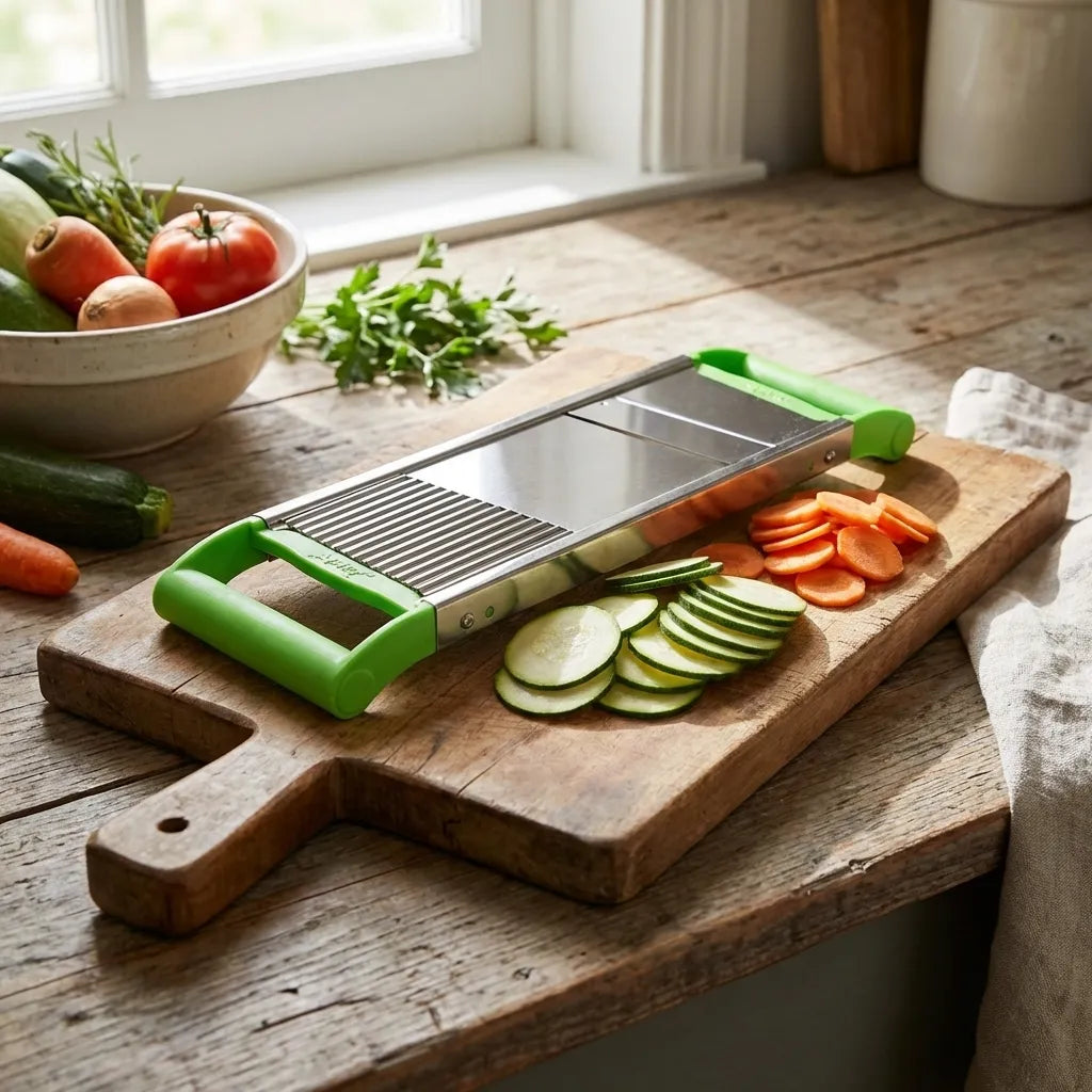 2-in-1 vegetable slicer with green handles and grater section, slicing vegetables