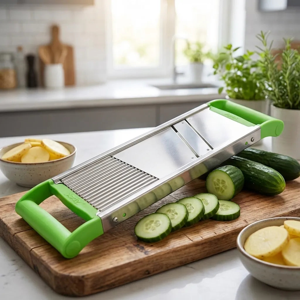 2-in-1 vegetable slicer with green handles and metal blade, on cutting board
