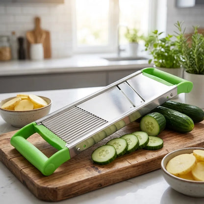 2-in-1 vegetable slicer with green handles and metal blade, on cutting board
