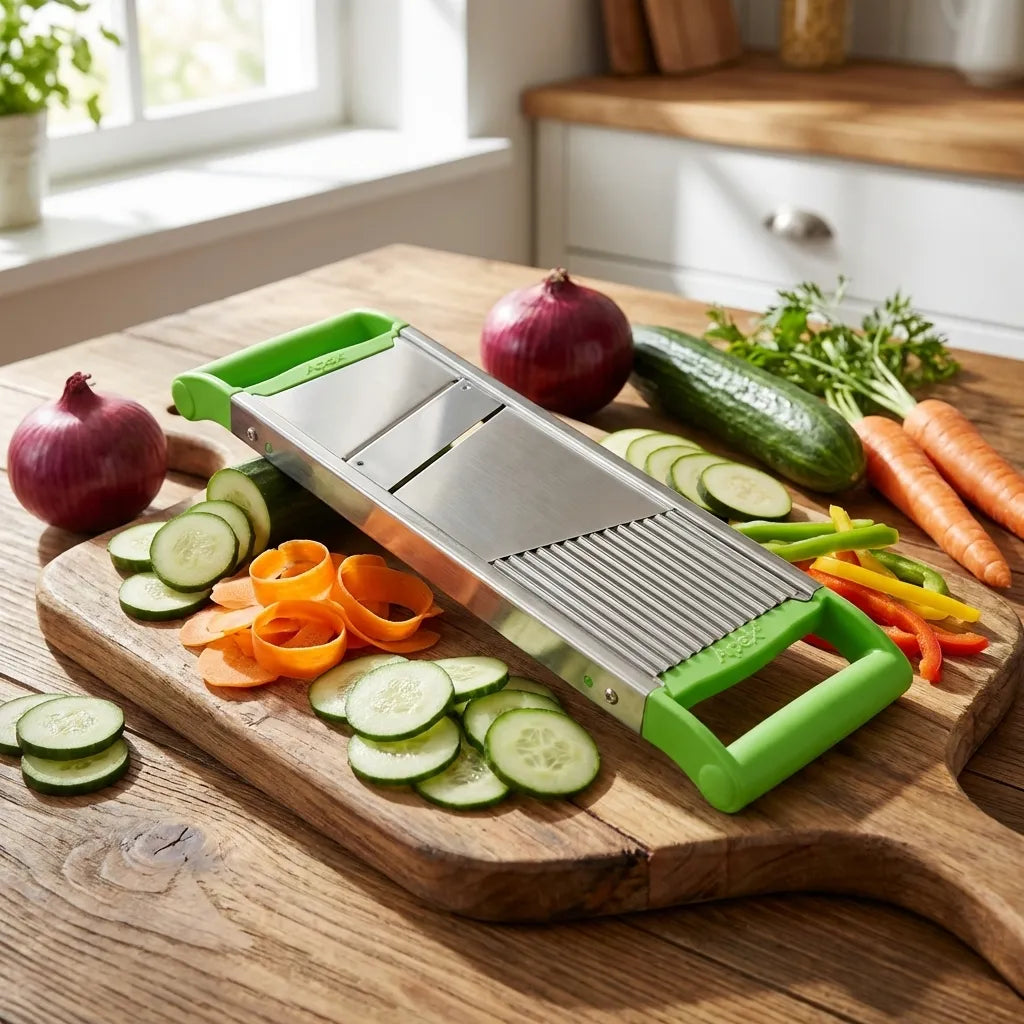 2-in-1 vegetable slicer with green handles and metal blade, on wooden cutting board