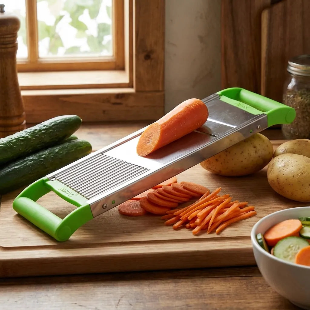 2-in-1 vegetable slicer with green handles, metal blade, carrots and cucumbers