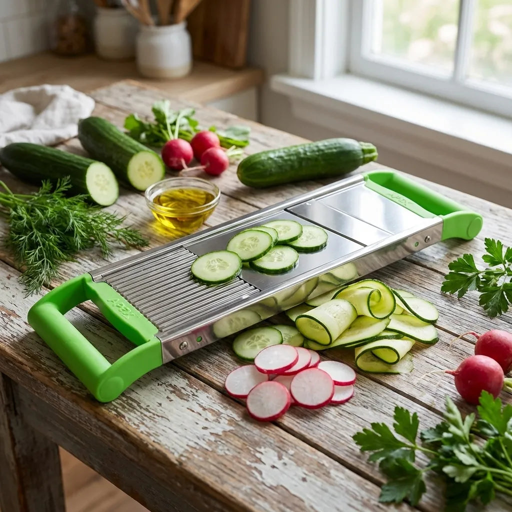 2-in-1 vegetable slicer with green handles and metal grater, zucchini and radishes