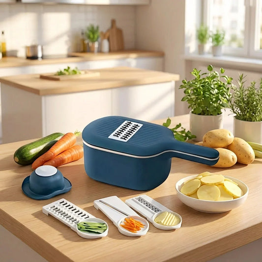 Blue vegetable slicer with handle and interchangeable slicing attachments