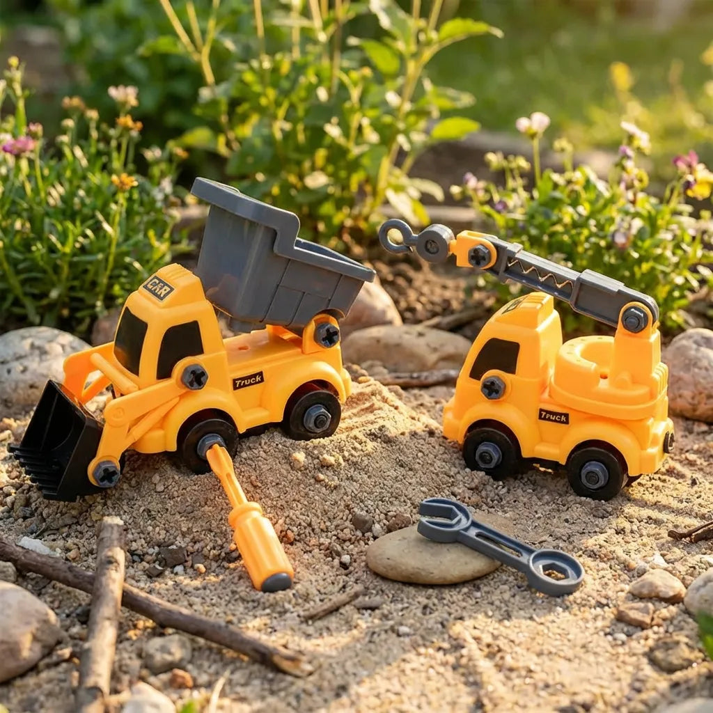 Yellow toy vehicles with gray arms and bucket, plus gray spanner tool on base