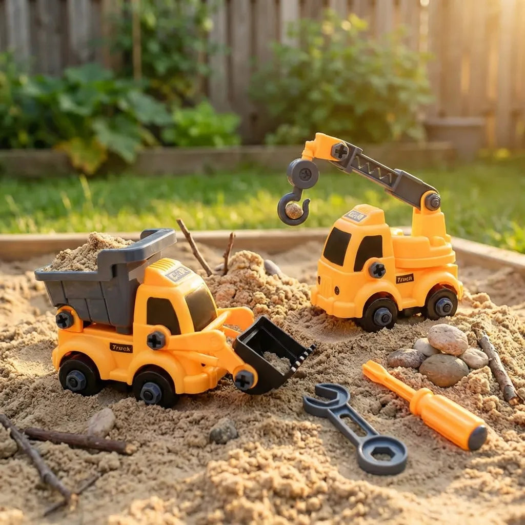 Yellow toy construction trucks with gray dump bed, grab hook, and spanner tools
