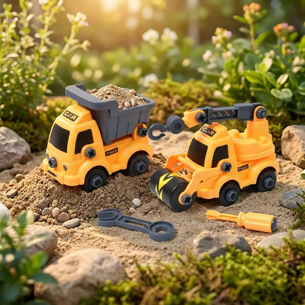 Yellow construction toy vehicles with gray tool accessories and detachable parts