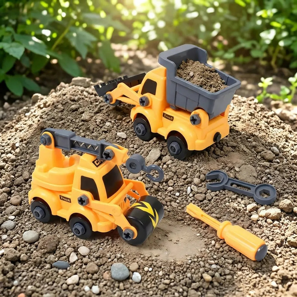 Yellow toy dump truck and service truck with gray bucket, wrench, and hammer pieces