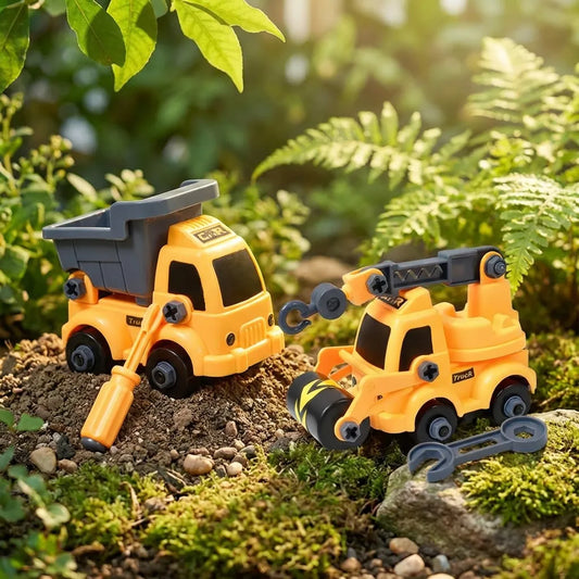 Yellow toy dump truck and service truck with gray tools for assembly play