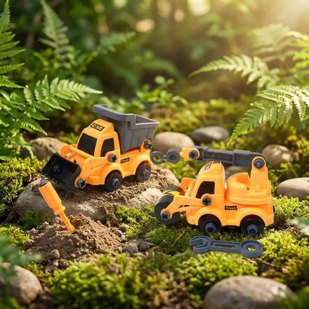 Yellow toy loader truck and service truck with gray tools on rocky ground