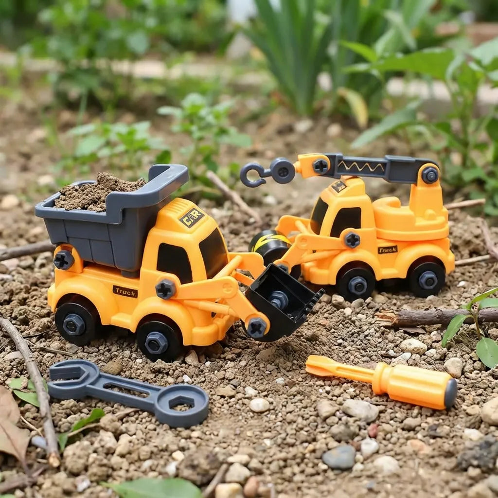 Yellow toy construction vehicle pair with gray buckets, hook, and spanner tools