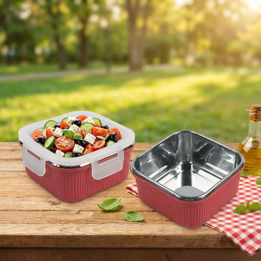 Victor Square Food Box with clear lid, red ribbed sides, holding mixed salad and cheese.