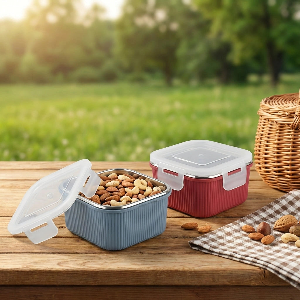 Victor Square Food Box with clear lid, ribbed red base, next to an open blue container.