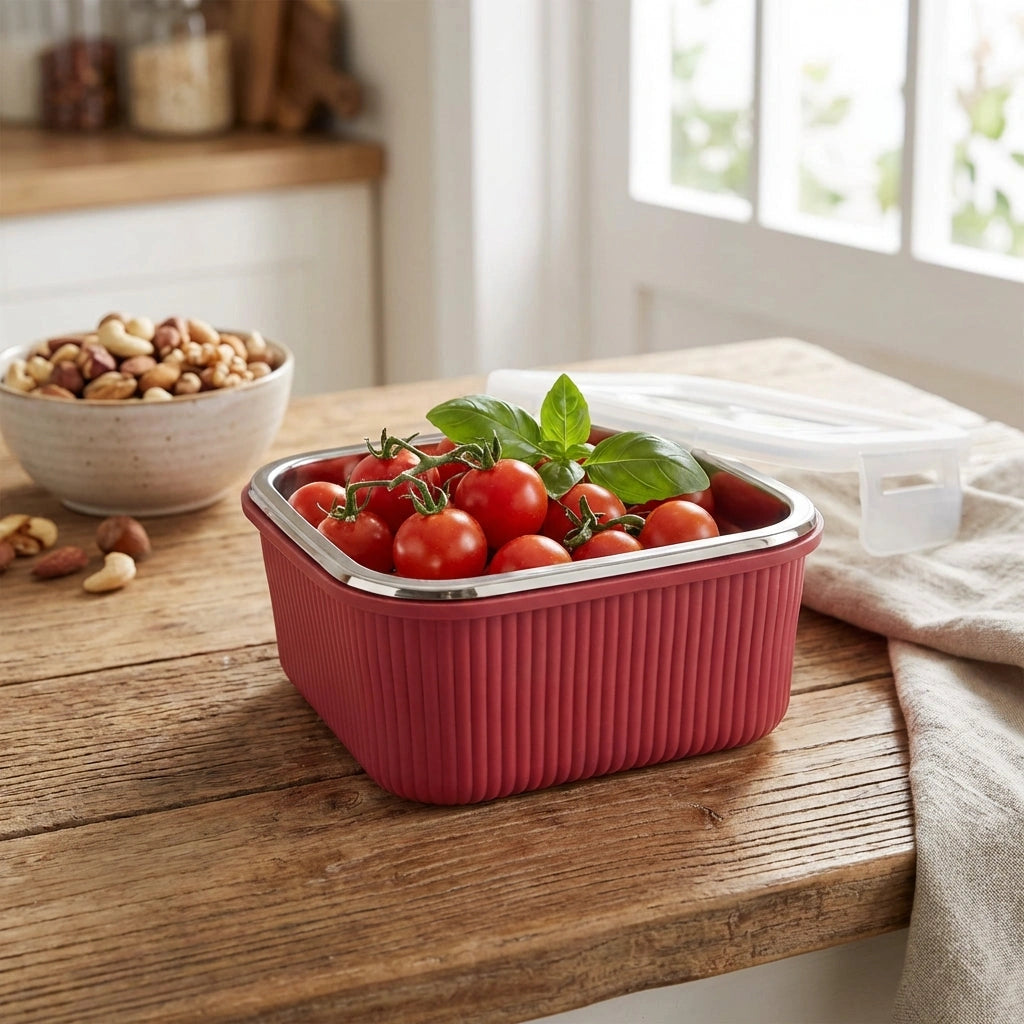 Victor Square Food Box with clear lid, red ribbed sides, filled with cherry tomatoes and basil.
