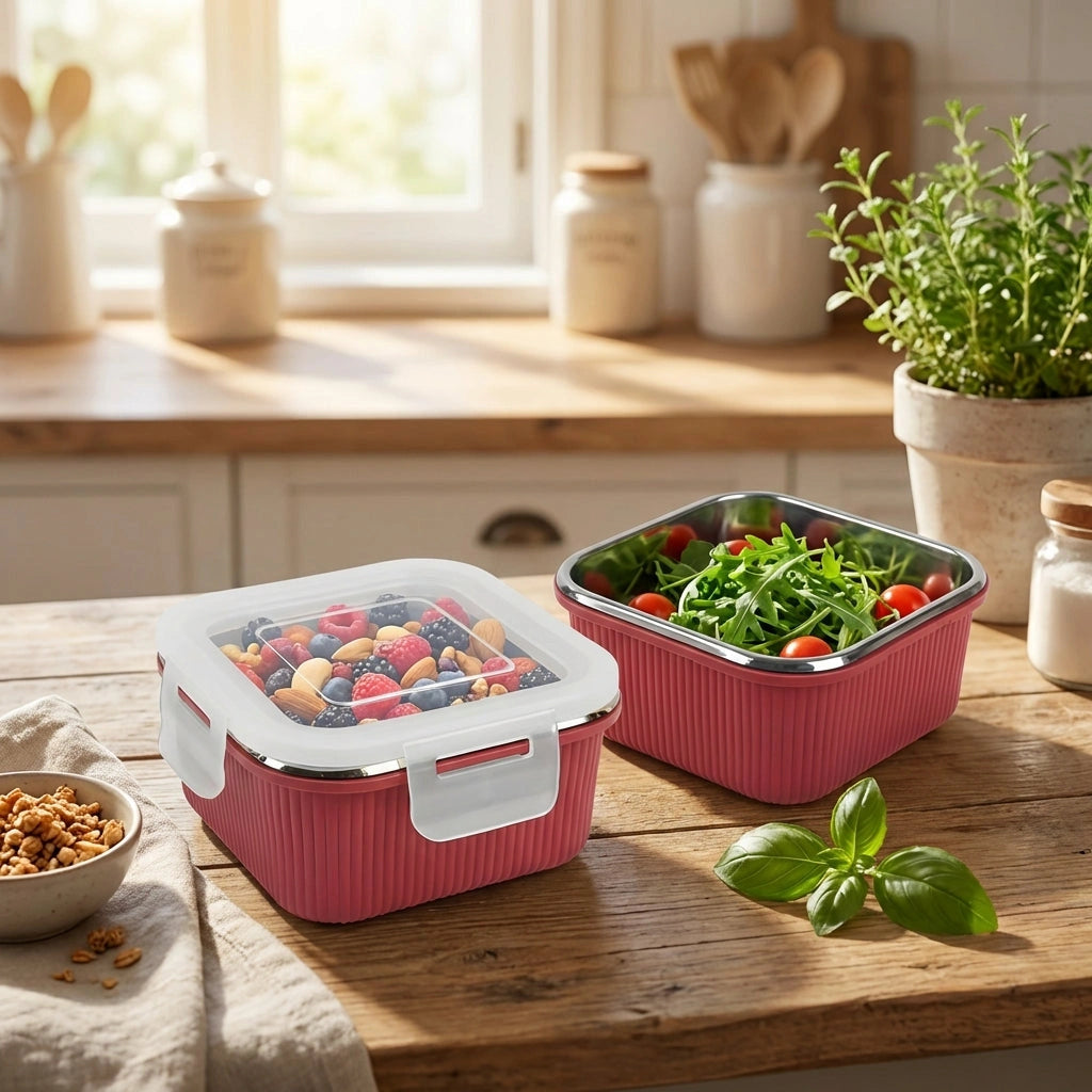 Victor Square Food Box with clear lid, red ribbed sides, holding mixed salad greens and tomatoes.