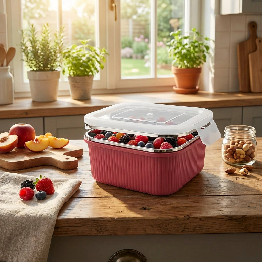 Victor Square Food Box with clear lid, red ribbed sides, filled with berries and fruit.