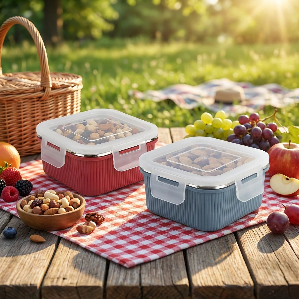 Victor Square Food Box set with clear lids: red and blue boxes on a picnic blanket.