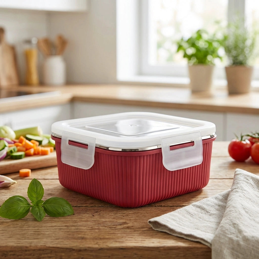 Victor Square Food Box with clear lid, red ribbed sides, with mixed vegetables inside.