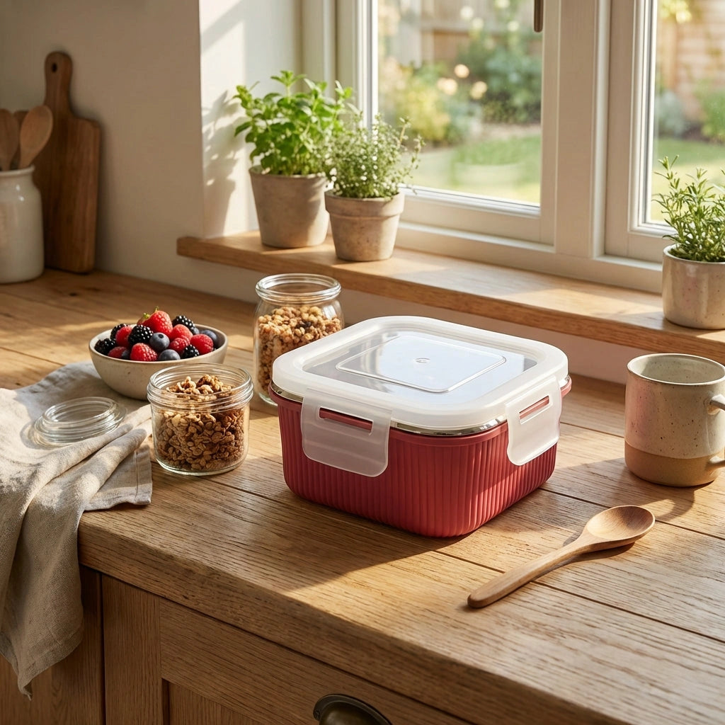 Victor Square Food Box with clear lid, red ribbed sides, next to glass jars and berries.