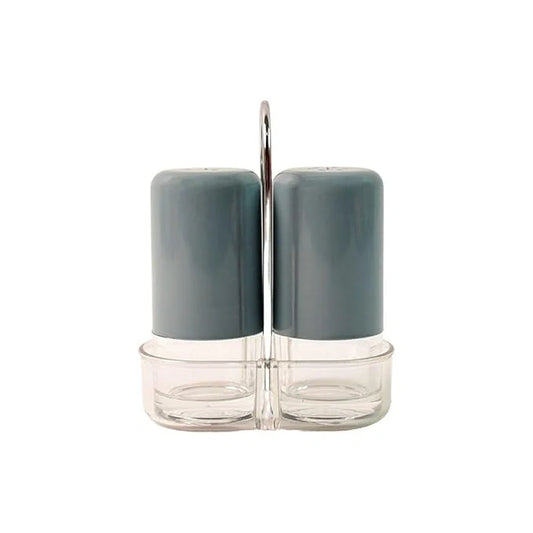 Salt and pepper shaker set with two glass bodies and dark gray/blue cylinder lids