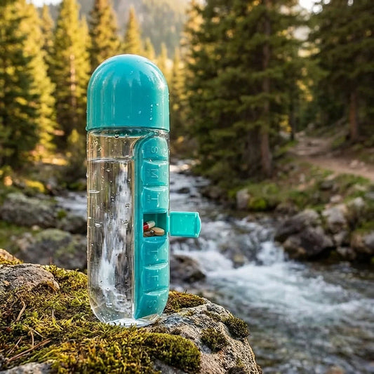 Teal and clear 600 ml water bottle with pill compartment and push button