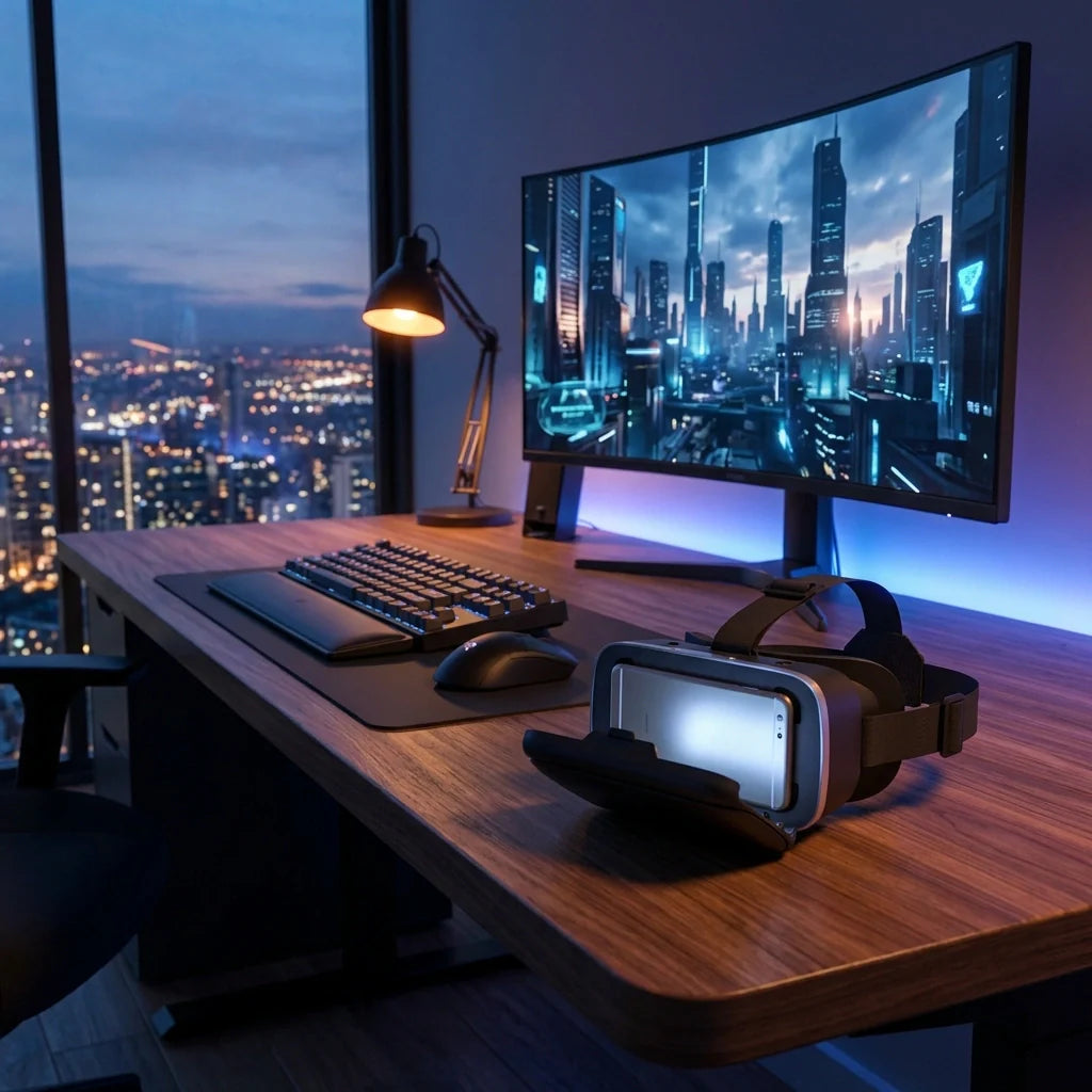 VR Pro virtual reality headset on desk with front visor and head strap