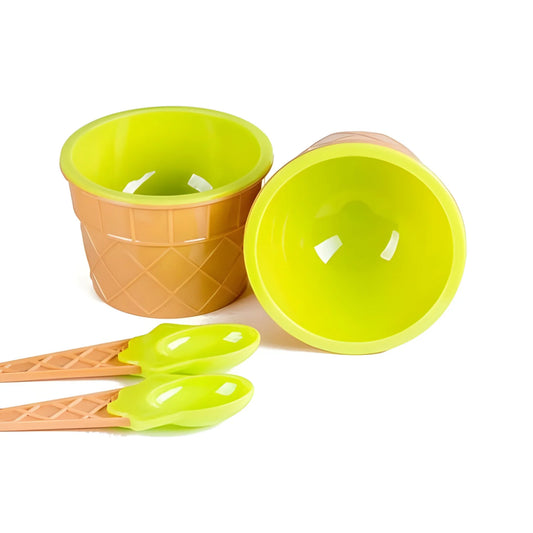Waffle cone bowl set with lime-green and brown textured cone pattern, stackable bowls