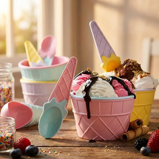 Waffle ice cream bowl set with pastel cone-shaped bowls, filled with ice cream and toppings