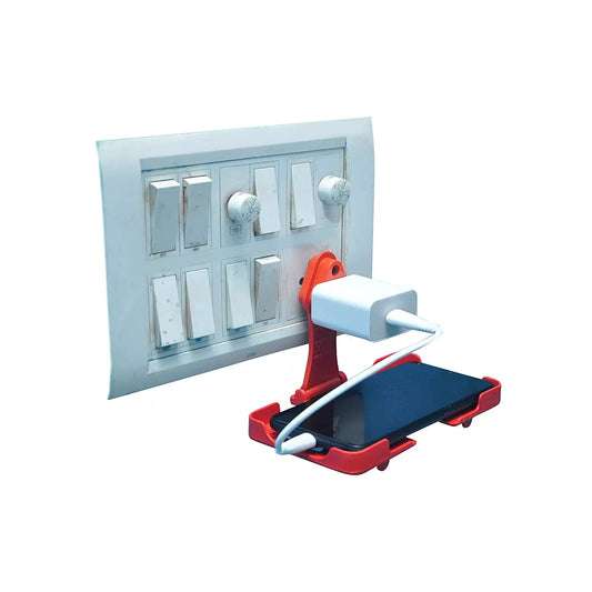 Red wall-mounted phone charging holder stand with blue base and adjustable cradle