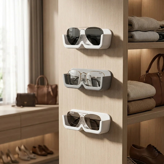 Wall mount glasses holder with three slots for eyeglasses