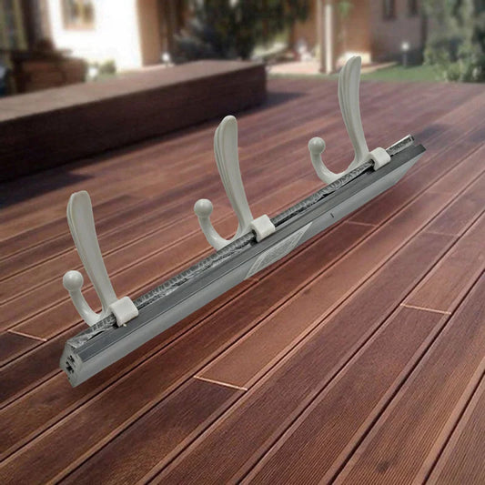 Metal wall hook rail with four curved hooks and mounting base