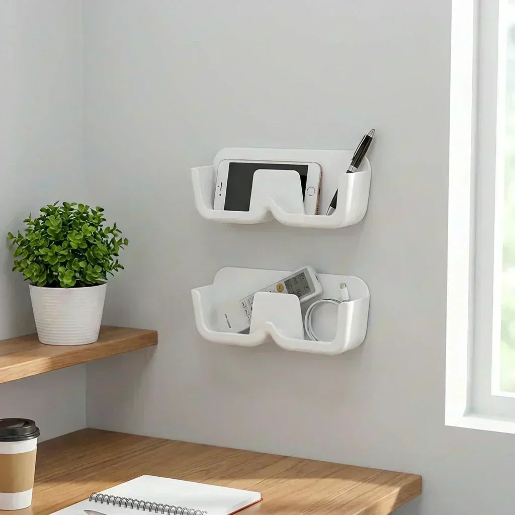 Wall-mounted sunglass organizer with two white holders and glasses slots