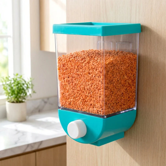 Wall mounted food dispenser with turquoise base and clear hopper filled with orange dry food