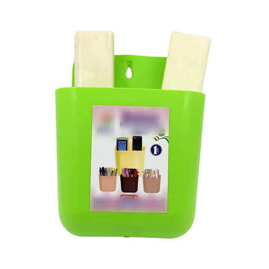 Green wall organizer stand with clear pocket and compartments for stationery