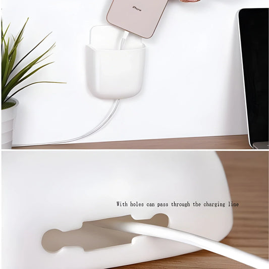 Wall-mounted storage box with cable pass-through holes for charging line
