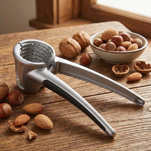 Walnut cracker nutcracker tool with silver metal body and dark grip handles