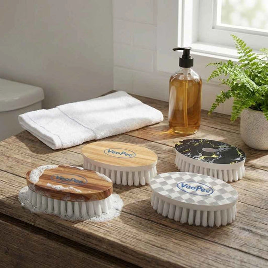 Oval washing brush set with light-wood handles and white bristles, patterned tops