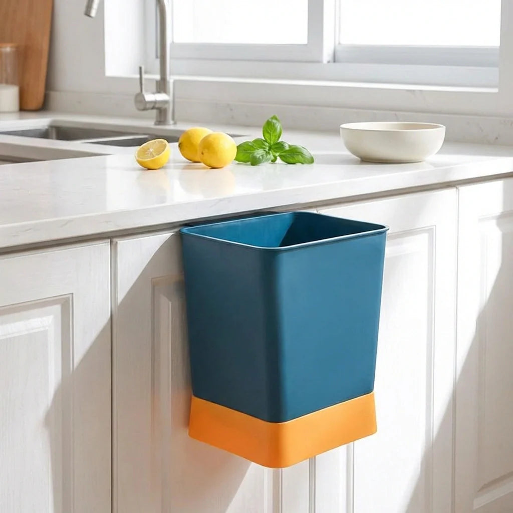 Rectangular waste bin trash can with blue body and orange base