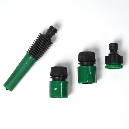 Green water hose connector set with black threaded couplings