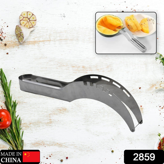 Watermelon slicer and corer tool with curved gray blade and long handle