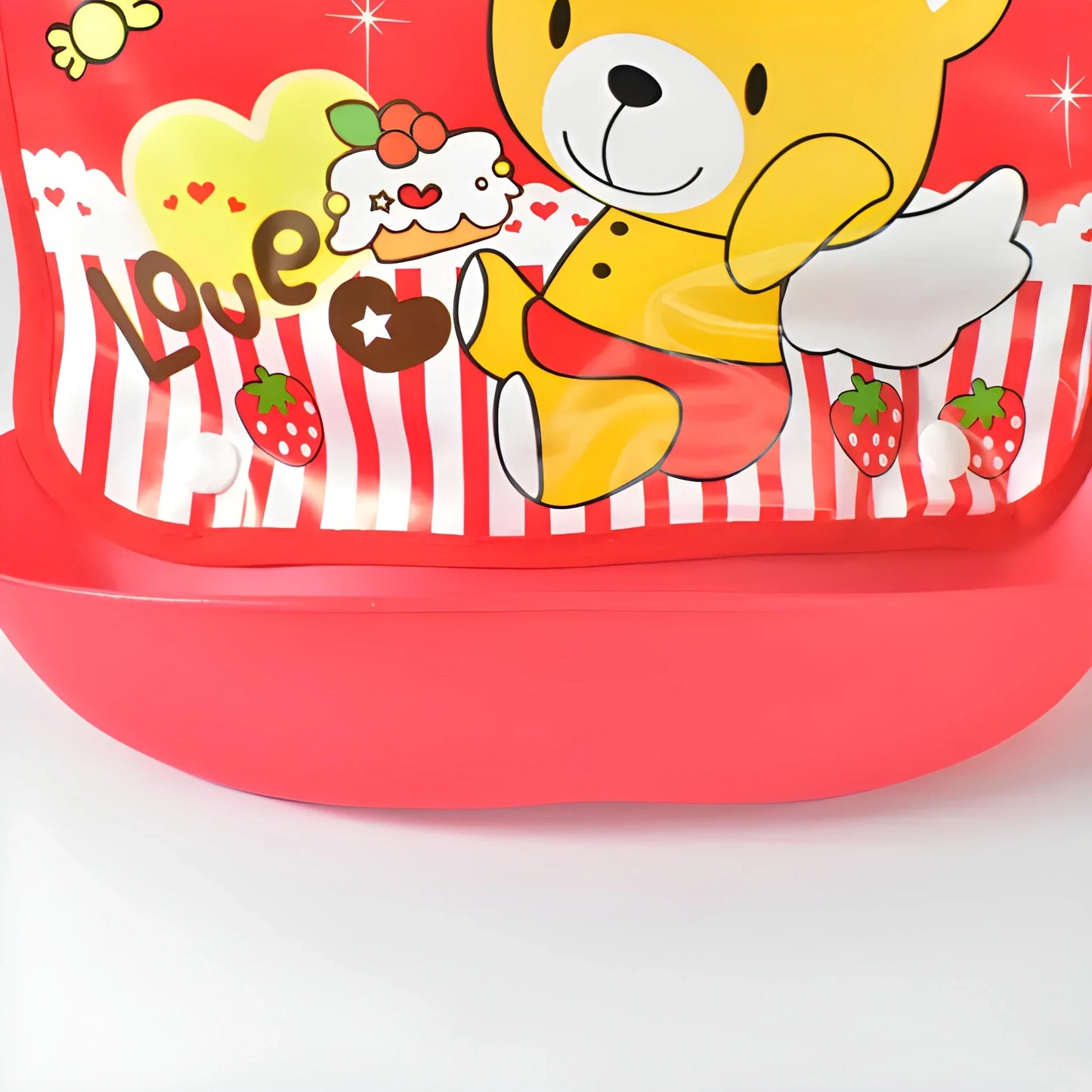 Red waterproof baby feeding bib with cartoon bear and hearts print