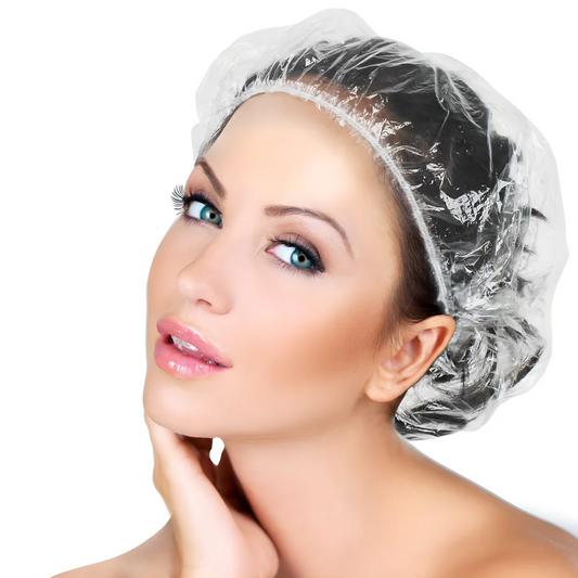 Clear waterproof disposable shower cap over hair