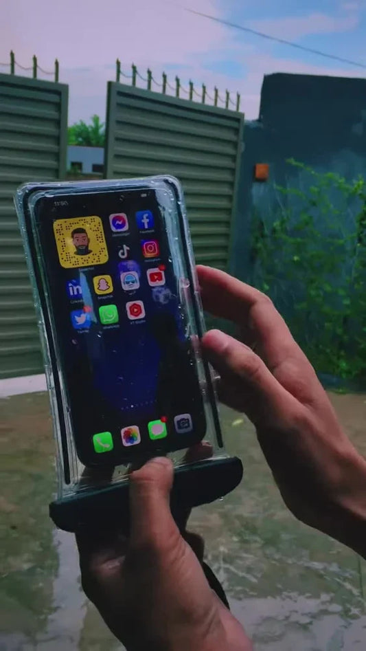 Waterproof phone pouch bag with clear front window, held with a smartphone