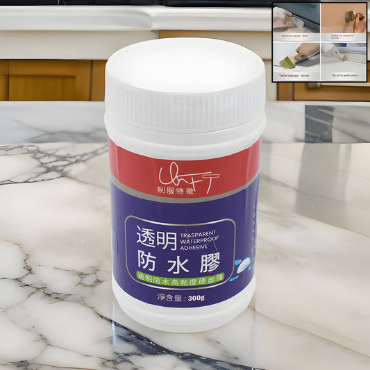 Waterproof sealant gel bottle with white cap, red and purple label